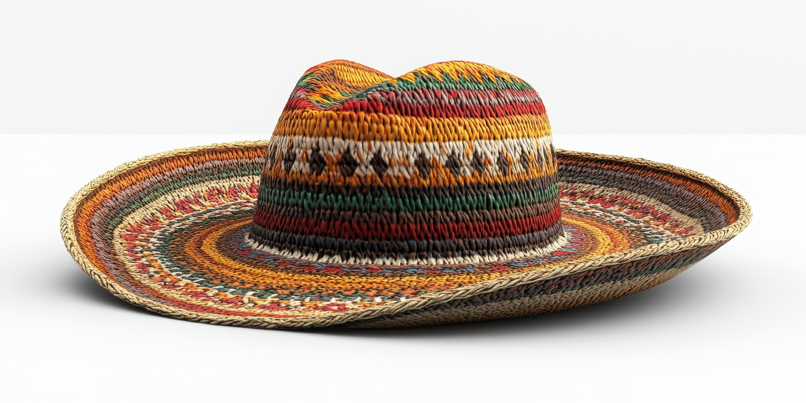 Colorful woven hat displayed on a plain background showcasing intricate patterns and craftsmanship
